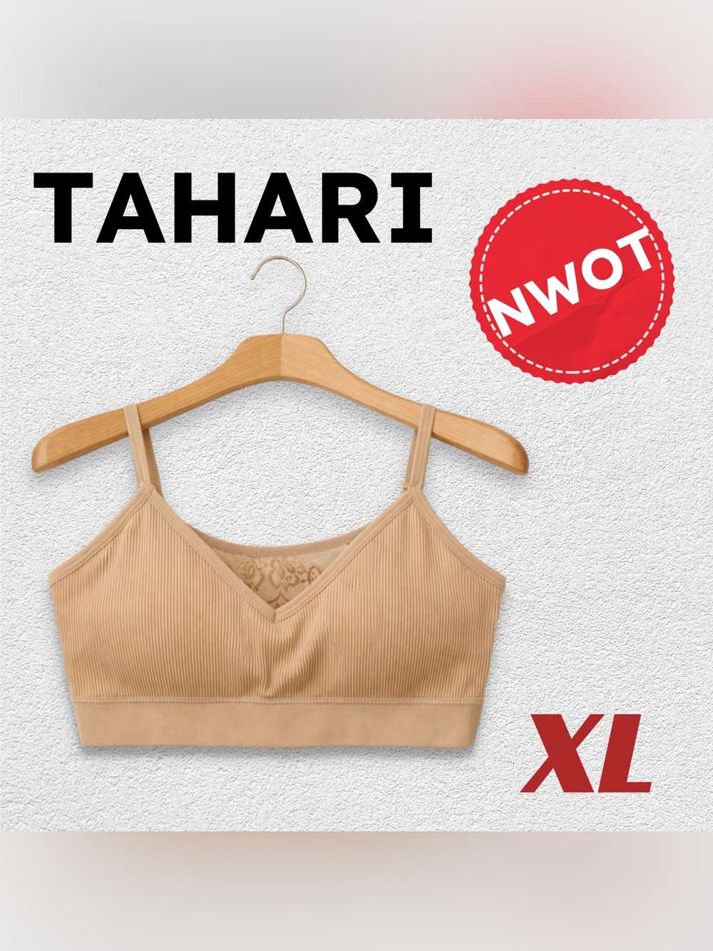 🇺🇸🆕 NWOT TAHARI | XL | TAN Seemless Bralette Lace back V-Neck